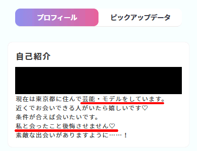 paters(ペイターズ)で単発の大人の関係の相手を募集していた女性のプロフィールの実例