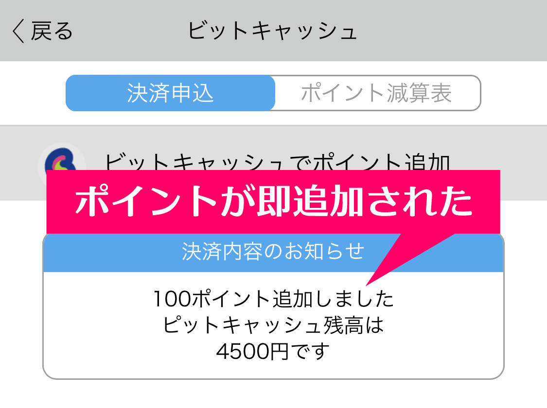 ハッピーメールでビットキャッシュでポイント購入する場合の手続き、決済完了画面