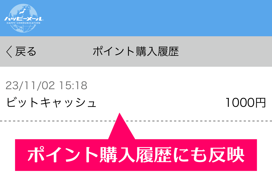筆者のハッピーメールのポイント購入履歴画面