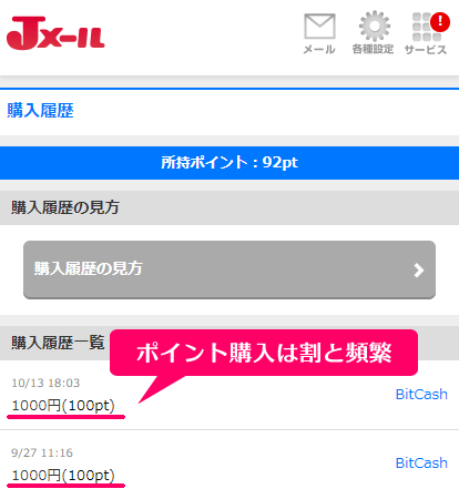 筆者のミントC! Jメールのポイント購入履歴画面