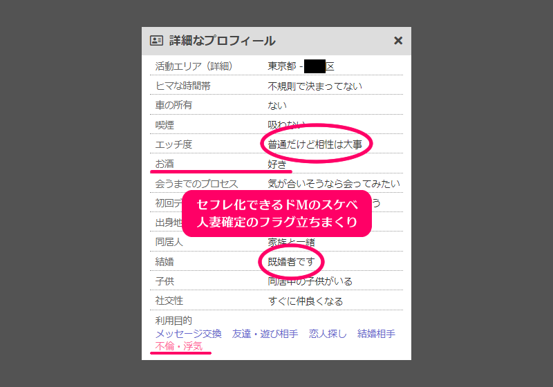 PCMAX(PCマックス)でワンナイト、セフレ化できたドMの熟女人妻のプロフィール詳細