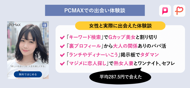 PCMAX(PCマックス)で実際に女性と出会えた体験談