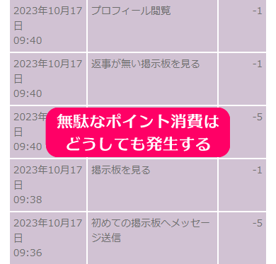 PCMAX(PCマックス)の筆者のポイント消費履歴画面