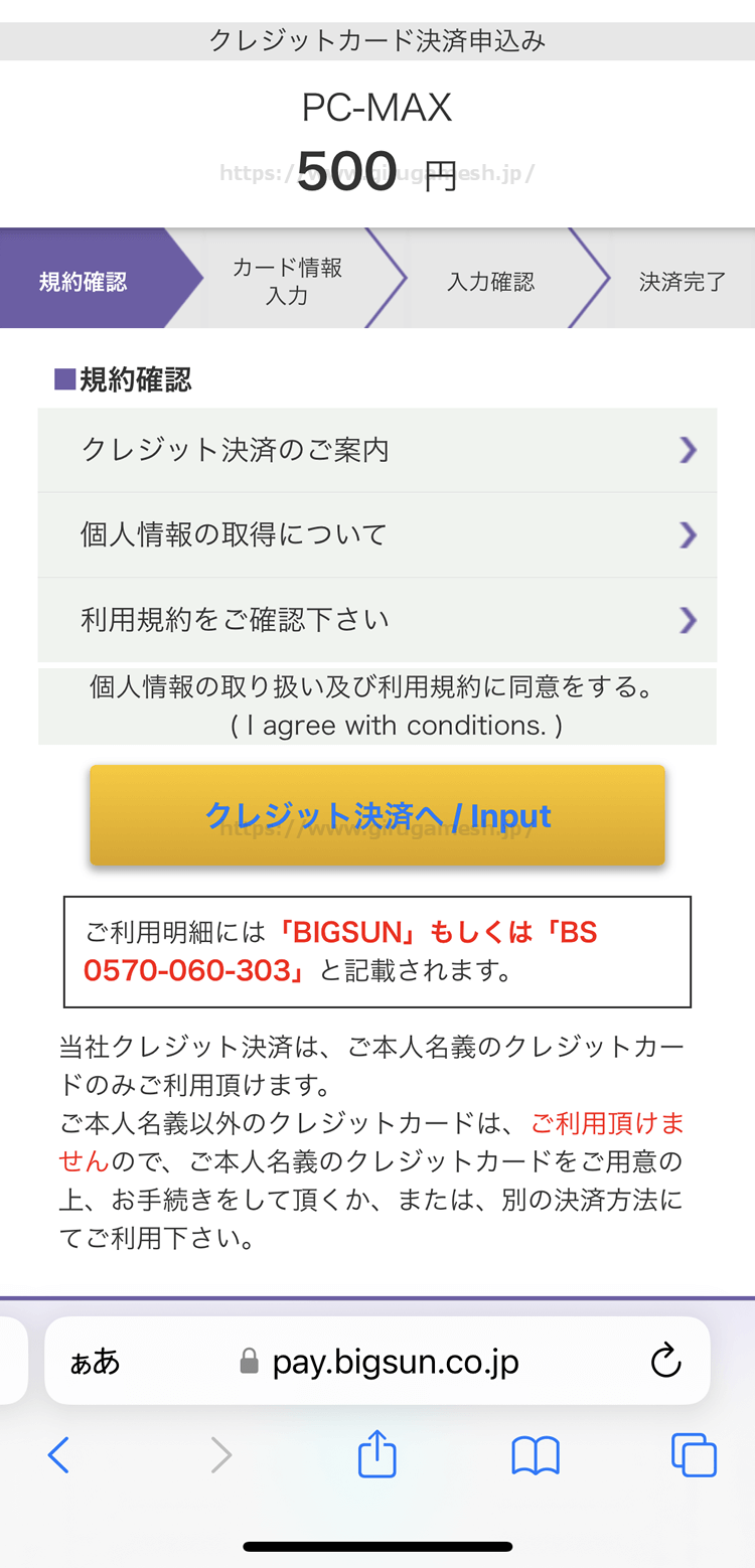 PCMAXのクレジットカード決済案内画面