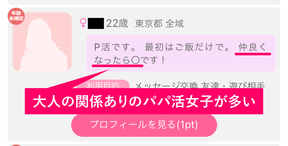 大人の関係ありのパパ活目的でPCMAX(PCマックス)を使っている女性のプロフィール内容