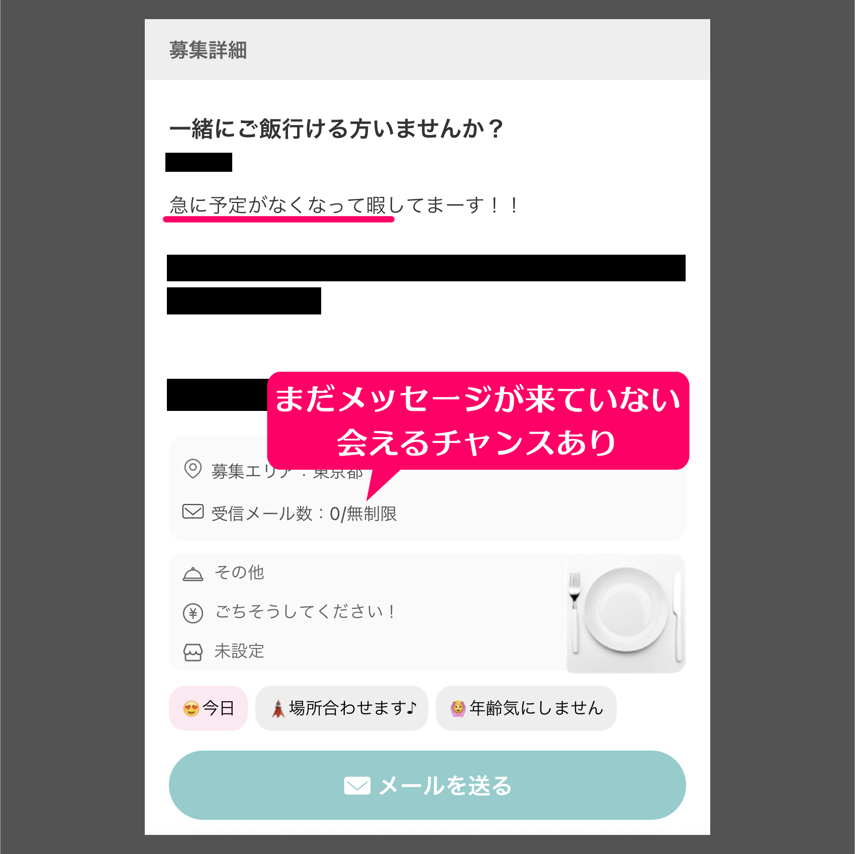 ワクワクメールの「一緒にご飯」掲示板で出会ってタダマンからセフレ関係になれた女子大生の募集内容②