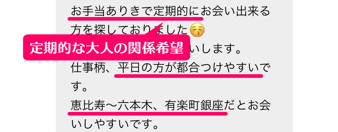 ワクワクメールのプロフ絞り込み検索で定期の大人の関係になれたパパ活女子とのメッセージのやりとり内容②