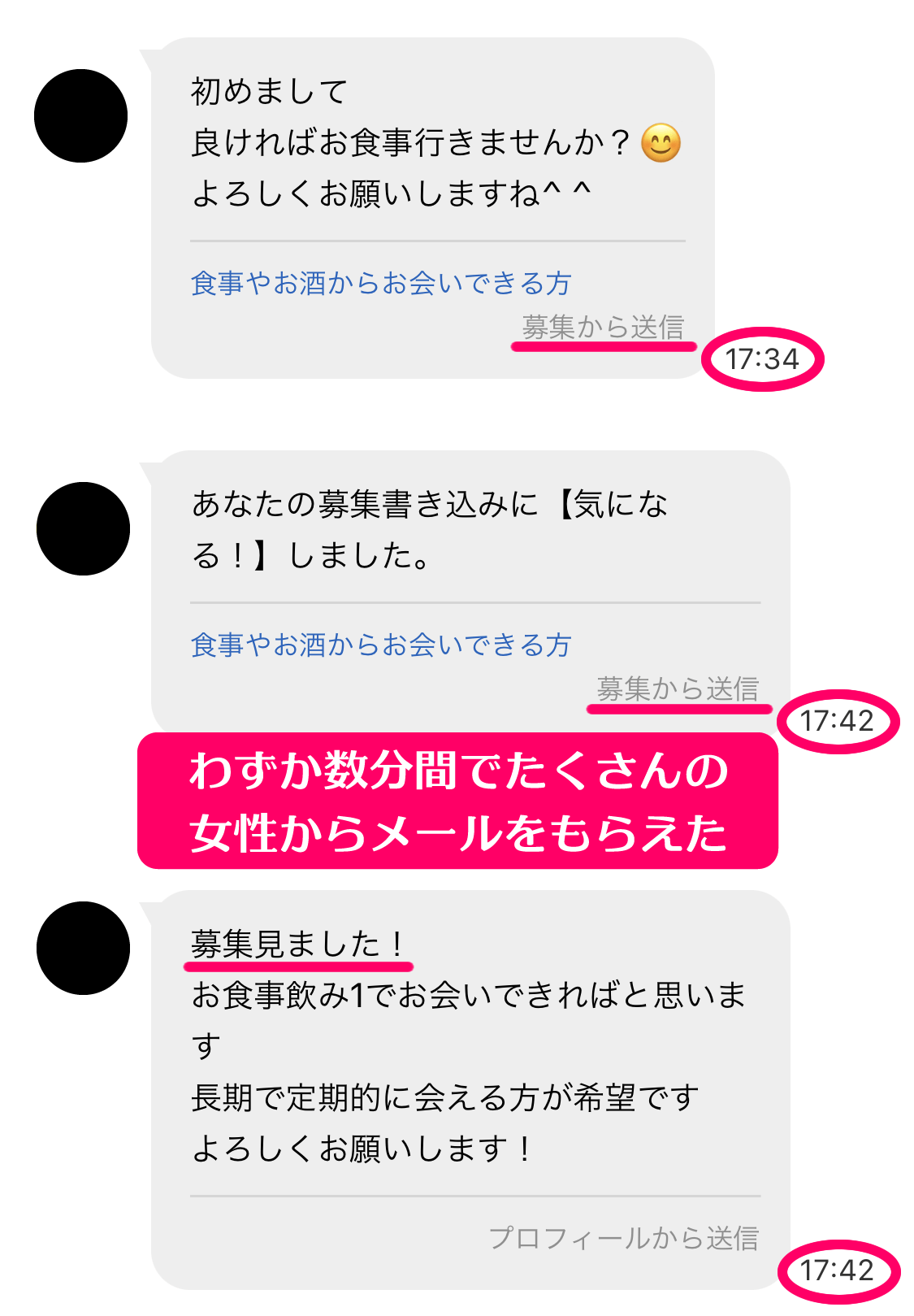 ワクワクメールで筆者が投稿した募集に対してメールを送ってくれた女性のメッセージリスト