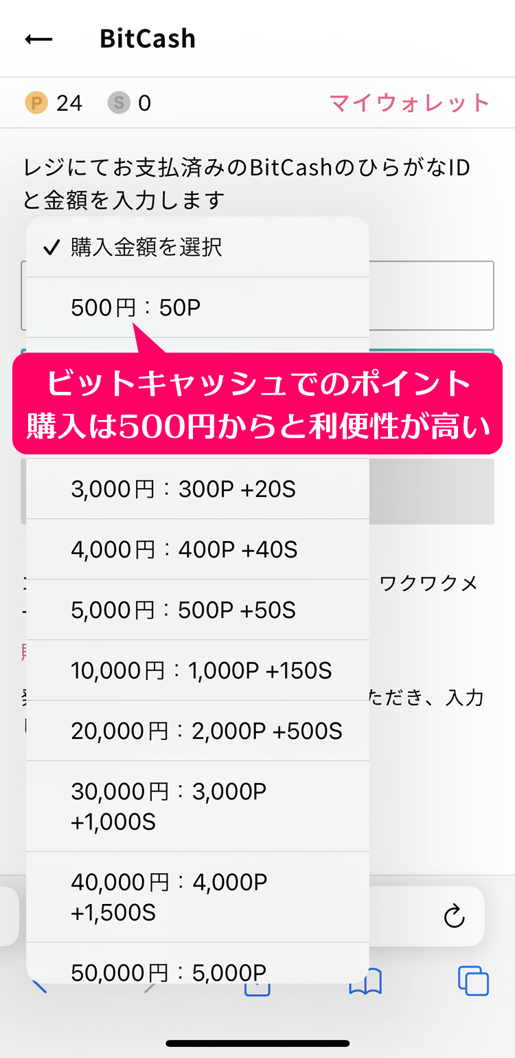 ワクワクメールでビットキャッシュで実際にポイントを購入してみた体験時のスクショ画像②