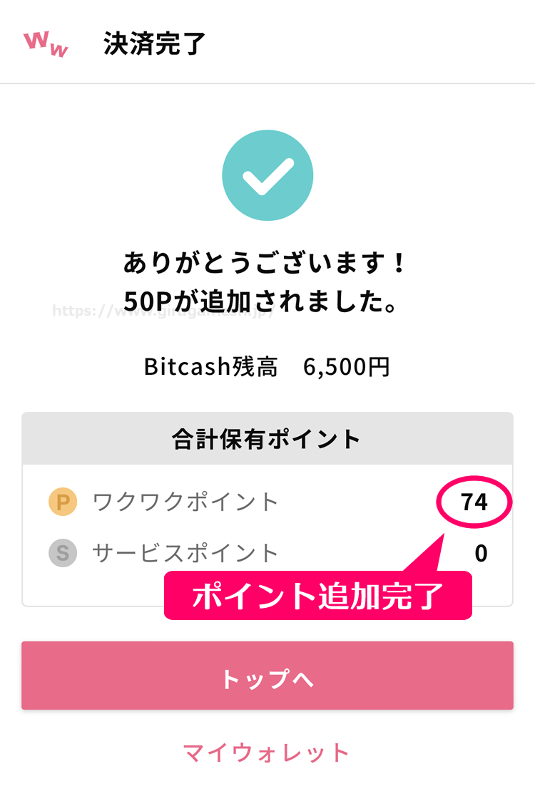 ワクワクメールでビットキャッシュで実際にポイントを購入してみた体験時のスクショ画像⑤