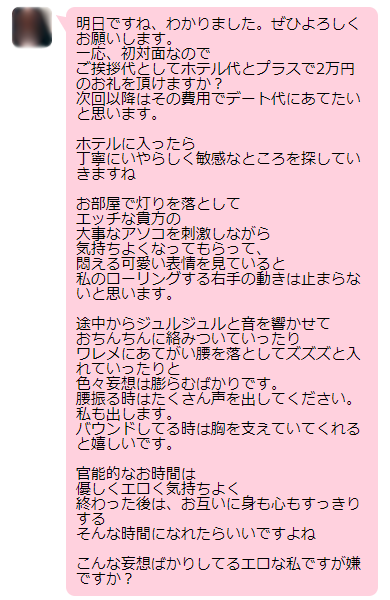 ハッピーメールでホ別2万の条件で会いたいと条件提示してきた援デリ業者のメールの実例